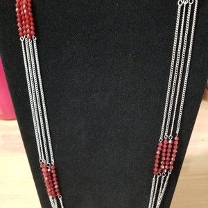 NWT Paparazzi Multi Strand Silver with Red Beads Long Necklace and Earrings Set